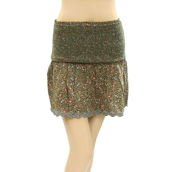 Sezane Floral Printed Border Eyelet Embroidered Mini Skirt Ruffle S-36 278080